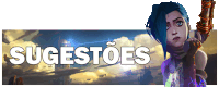 a girl with blue hair is holding a gun in front of a sign that says sugestoes