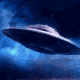 a flying saucer is flying through the night sky