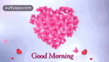 a good morning greeting card with a heart made of pink flowers and hearts