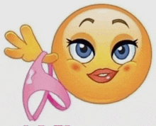 a female smiley face is holding up a pink bra