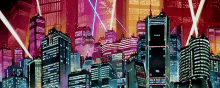 a futuristic city with a lot of buildings and a purple sky