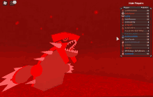 a screenshot of a video game shows a red monster and a list of players