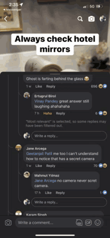 a screenshot of a facebook page that says ' always check hotel mirrors '