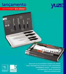 a set of knives in a box with the words lançamento on the top