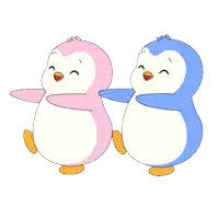 a pink and blue penguin are standing next to each other on a white background