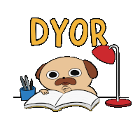 a pug dog is reading a book next to a lamp with the word dyor above it