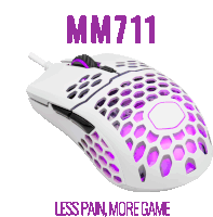 a white mouse with purple lights and the words mm711 less pain more game below it