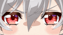 a close up of a anime girl 's eyes with red and purple irises