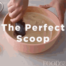 a person is scooping something out of a bowl with the words the perfect scoop written on it