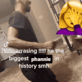 a man is dancing in front of a purple emoji that says he the biggest phannie in history smh