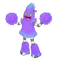 a purple monster with a butterfly on its head is cheering with purple pom poms