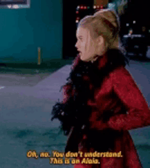 a woman in a red coat is saying oh no you don 't understand