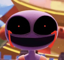 a purple cartoon character with black eyes and red tears coming out of his eyes is smiling .