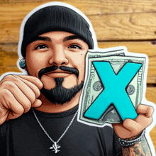 a man with a beard is holding a dollar bill with a blue letter x on it