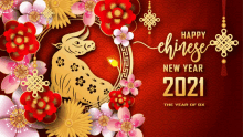 a chinese new year 2021 greeting card with a bull and flowers