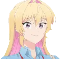 a girl with blonde hair and pink eyes smiles for the camera