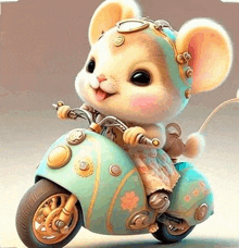 a cartoon mouse is riding a scooter with a helmet on .