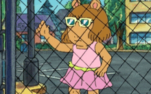 a cartoon character wearing sunglasses and a pink dress