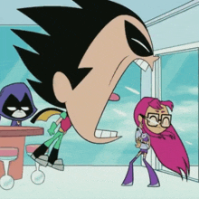 a cartoon of robin and starfire standing next to a window