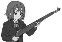 a black and white drawing of a girl in a suit holding a gun .