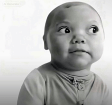 a black and white photo of a baby 's face with a button on his neck