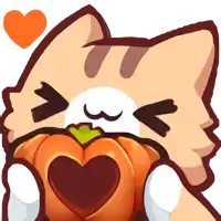 a cartoon cat is holding a pumpkin with a heart in it 's mouth