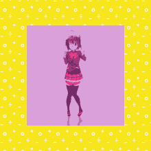 a picture of a girl in a school uniform is surrounded by a yellow and purple background