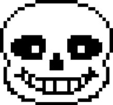 a black and white pixel art drawing of a skull with a smile .