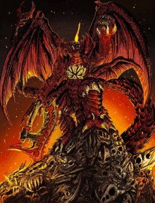 a drawing of a red dragon sitting on a pile of skulls