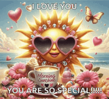 a picture of a sun wearing heart shaped sunglasses and a cup of morning sunshine coffee
