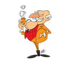 a cartoon drawing of a man smoking a pipe with the letters oed below him