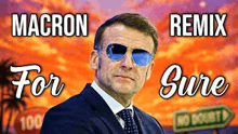 a man in a suit and tie wearing sunglasses is standing in front of a sign that says no doubt .