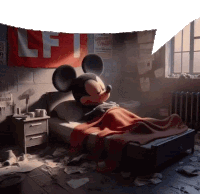 mickey mouse is laying in a bed in a messy room with a red blanket .