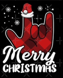 a merry christmas sign with a hand wearing a santa hat and snowflakes .