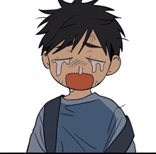 a cartoon of a boy with his mouth open and tears coming out of it