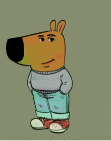 a cartoon bear wearing a grey sweater and jeans