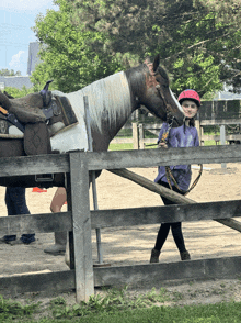 a girl wearing a pink helmet is standing next to a horse