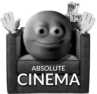 a smiley face sits in a chair with the words absolute cinema above it