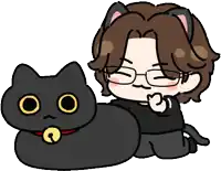 a cartoon drawing of a man with glasses sitting next to a black cat