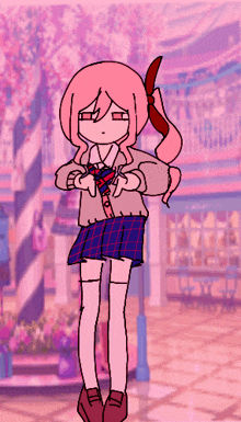 a drawing of a girl with pink hair wearing a plaid skirt and tie