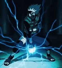 a cartoon character is surrounded by blue lightning bolts .