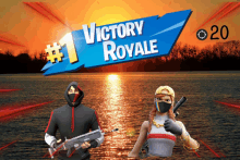 a man and a woman are standing in front of a sign that says victory royale # 1