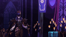 a man holding a gun in front of a mirror with a blue banner with a skull on it
