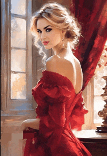 a painting of a woman in a red dress