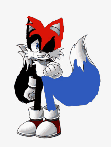 a cartoon drawing of a fox with a red head and a blue tail