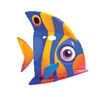 a cartoon fish with big eyes and a blue tail