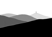 a black and white drawing of a mountain range with a tree in the distance