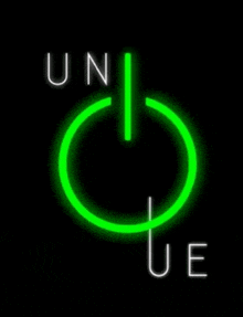 a neon sign that says unique with a green circle