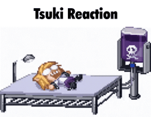 a pixel art of a person laying on a bed with the words `` tsuki reaction '' written on the bottom .