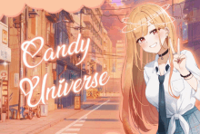 a candy universe poster with a girl in a school uniform